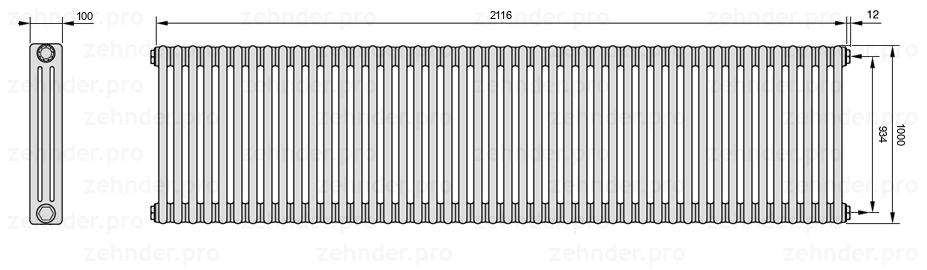 Схема (чертеж) Радиатор Zehnder Charleston 3100/46 №7610 Белый глянцевый RAL 9016